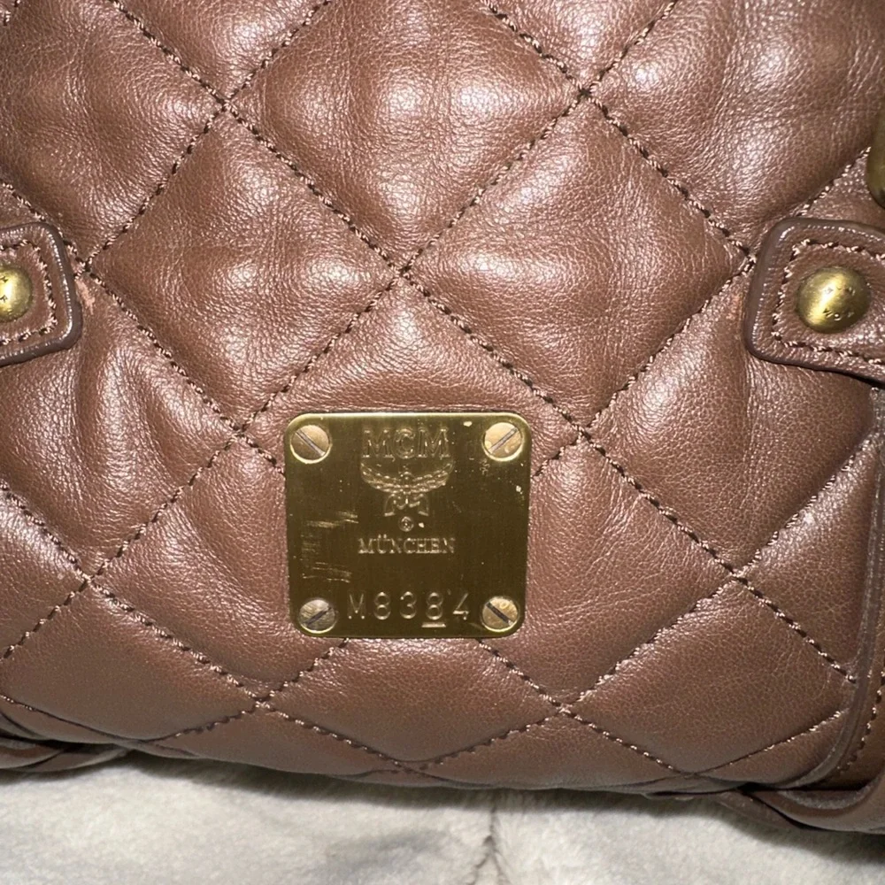 MCM VINTAGE Brown Leather large Boston Bag with Gold Accents